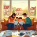 A cozy living room scene where a small family is sitting on a couch, surrounded by charts, graphs, and a calculator. The parents are reviewing mortgage doc