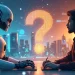 Create an image depicting a digital battle between AI and SEO experts. On one side, represent AI as a futuristic robotic writer with binary code and digita