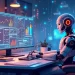 Create an illustration of a futuristic AI robot sitting at a desk cluttered with SEO tools, analyzing data charts and keyword lists on multiple screens. Th