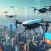 Create an image that showcases a futuristic cityscape where various AI search engines are represented as distinct, autonomous flying drones. Each drone has