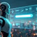 Create an image of a futuristic digital world where artificial intelligence, depicted as a sleek, glowing humanoid figure, is standing in front of a large,