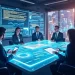 Create an image depicting a futuristic scene where a group of digital marketing professionals are gathered around a holographic table. The table projects d